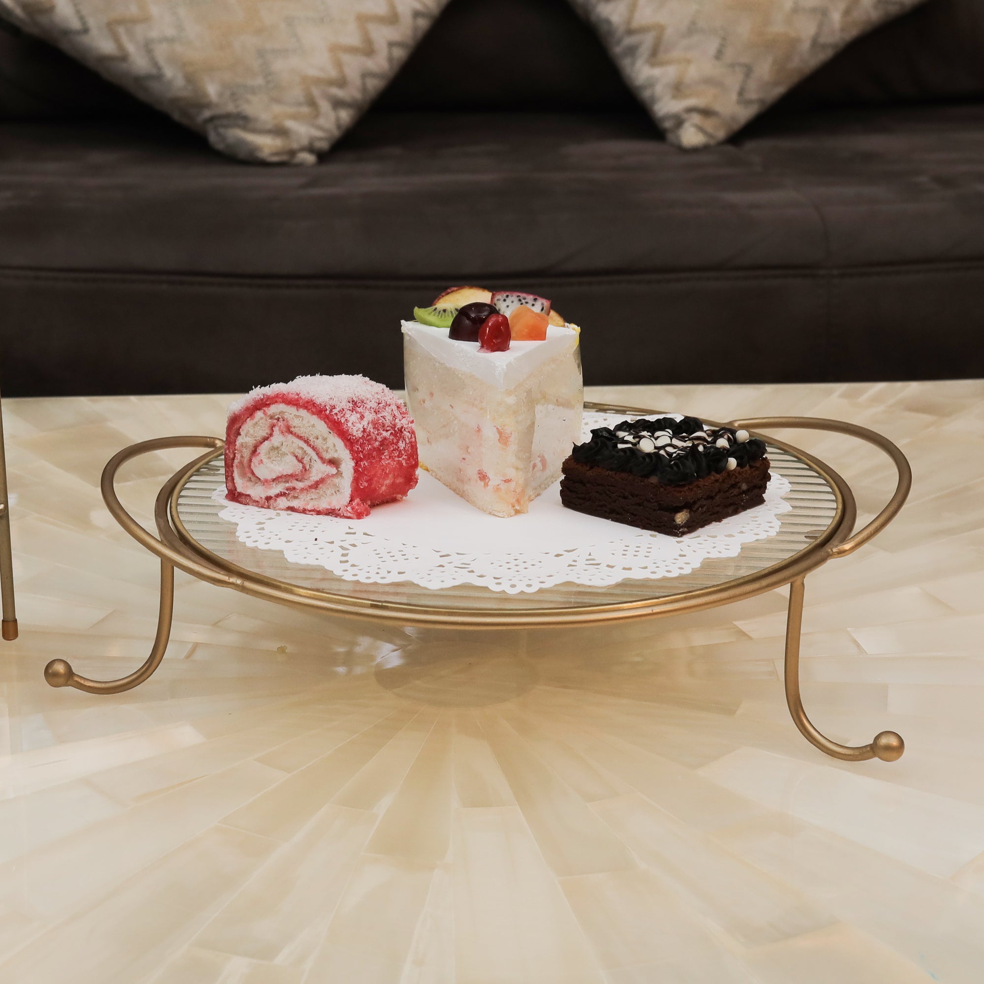 Metal Serving Food Platter with Designer Glass Tray